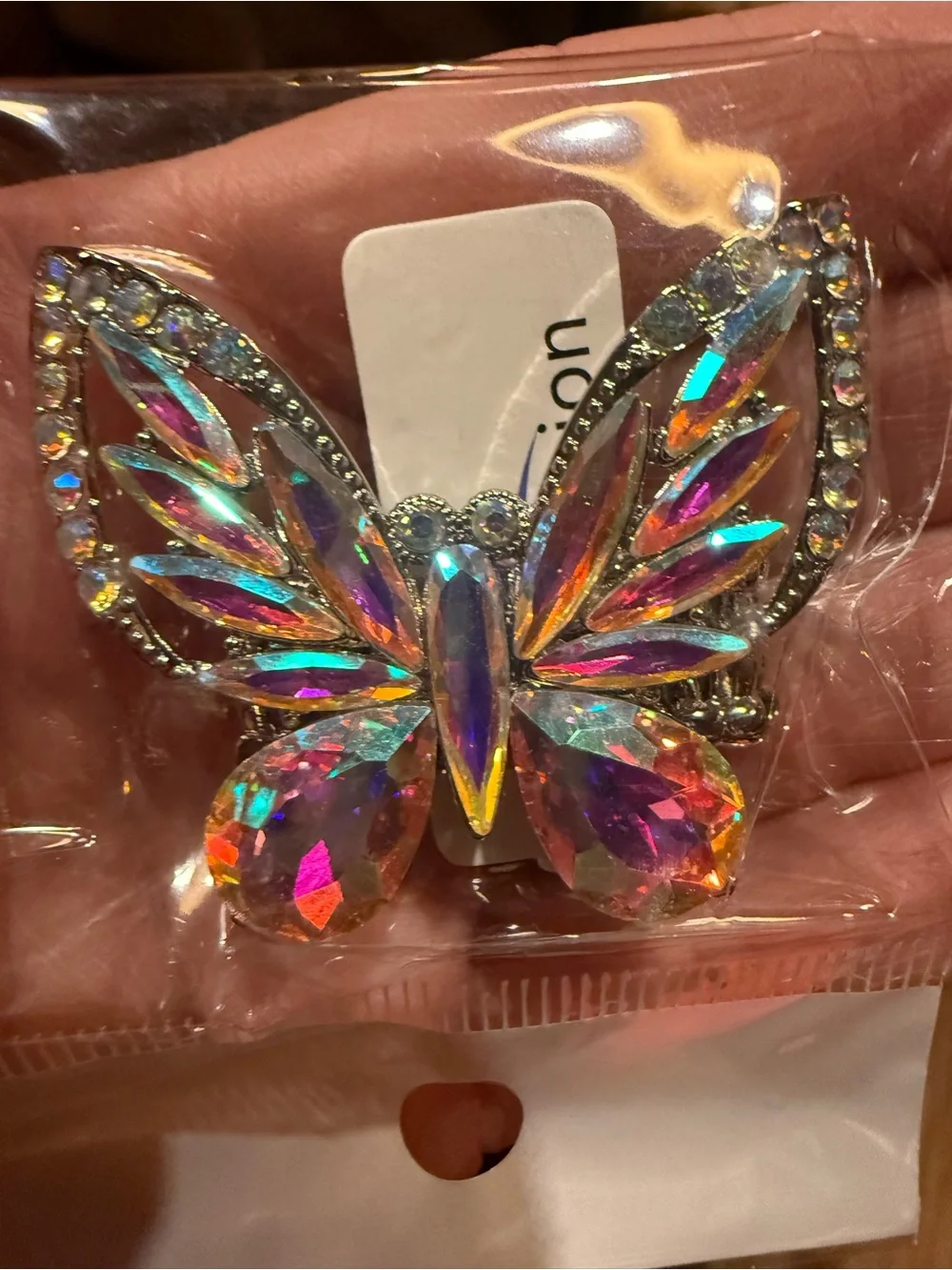 Gorgeous AB butterfly stretch ring NEW in bag! Show stopper! Silver toned